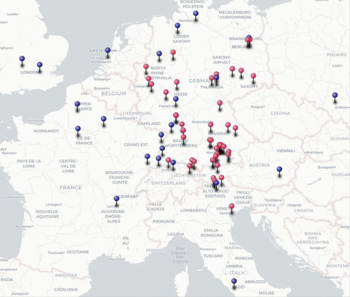 Eine Karte von Mitteleuropa mit Deutschland im Zentrum. Projektorte in Deutschland, Frankreich, UK, Niederlande, Polen, Österreich und Italien sind mit Stecknadeln markiert.